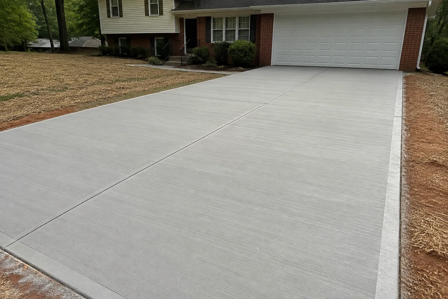 Finished broom-finish concrete driveway with straight control joints