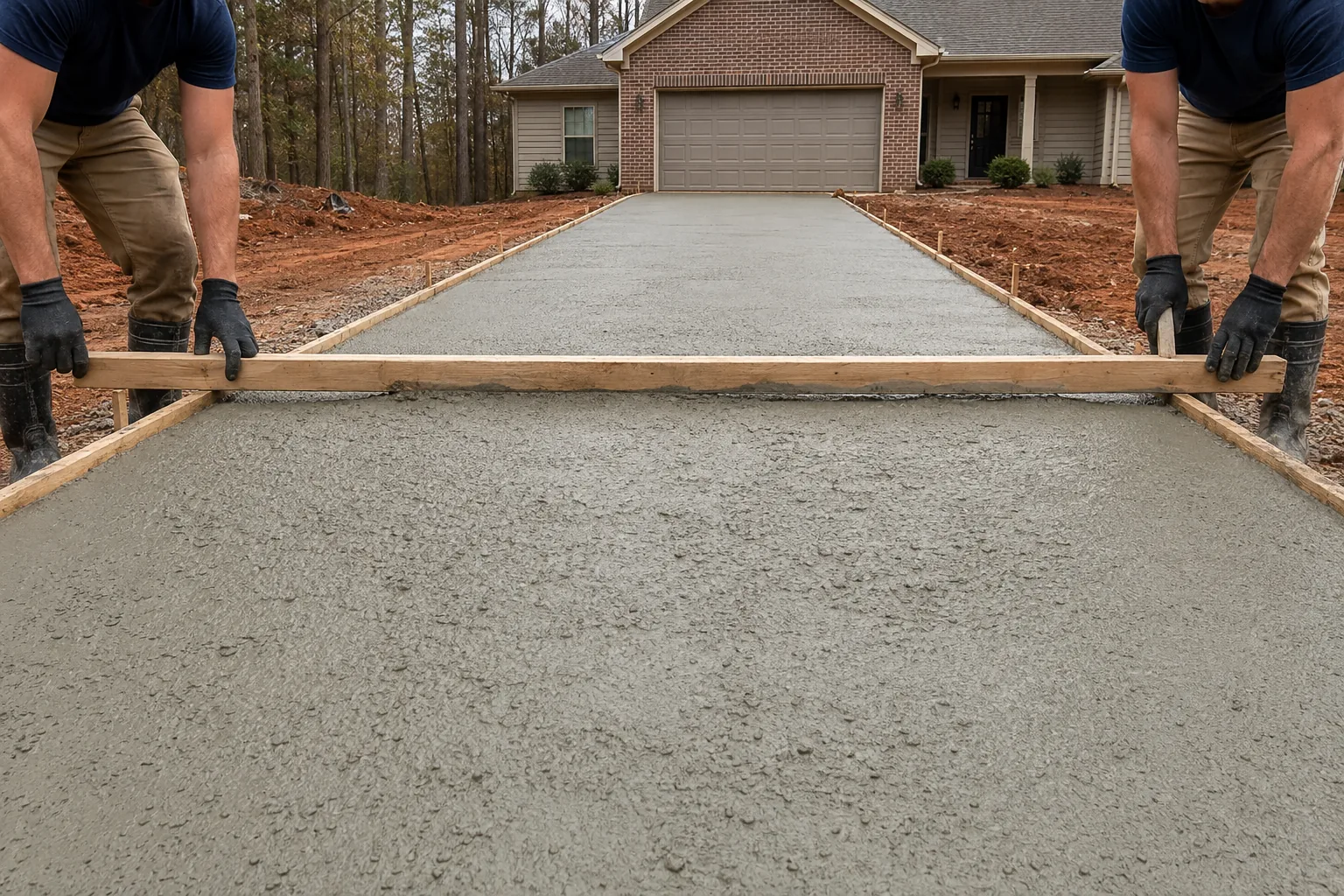 Workers striking off fresh driveway concrete with a straight wooden two-by-four