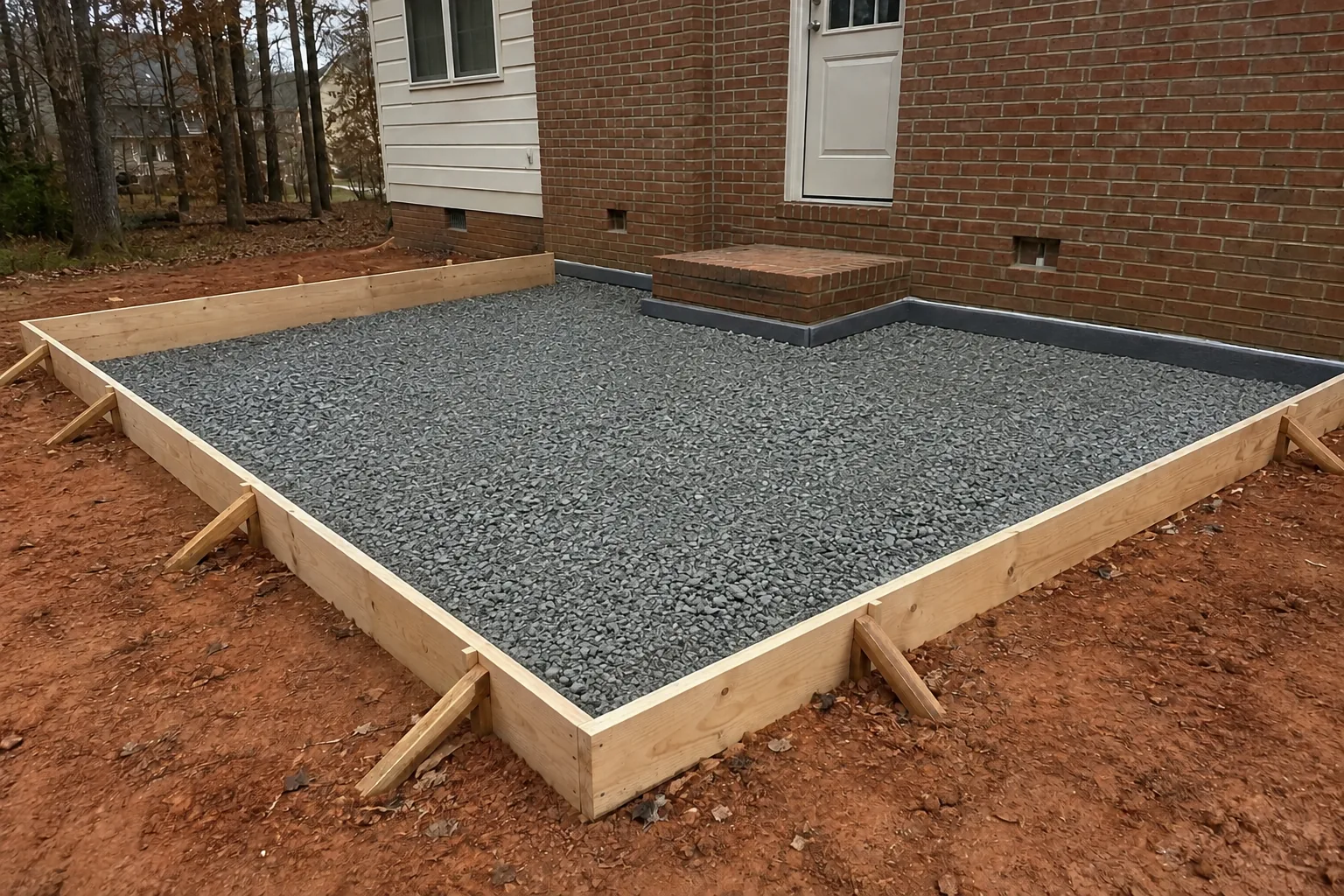 Compacted base recessed below forms with isolation material for a backyard concrete patio