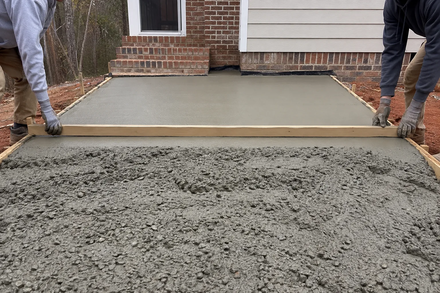 Workers striking off fresh patio concrete with a straight wooden two-by-four