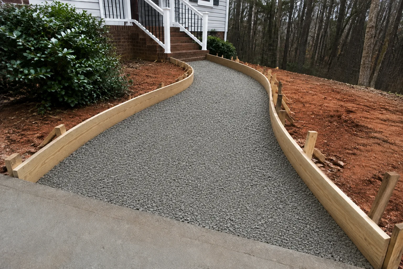 Compacted base recessed below curved wood forms for a concrete walkway