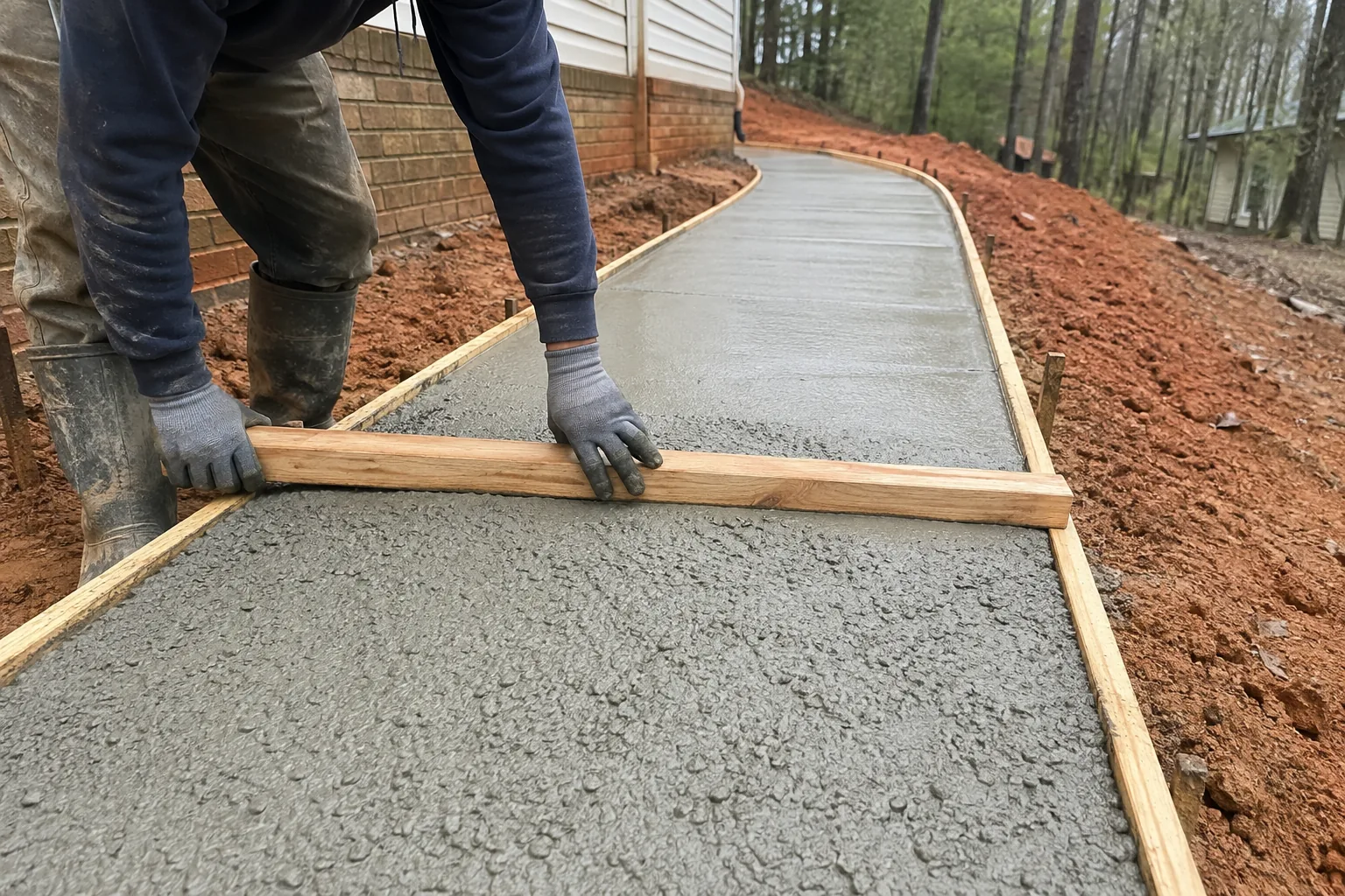 Fresh walkway concrete being struck off with a wooden two-by-four