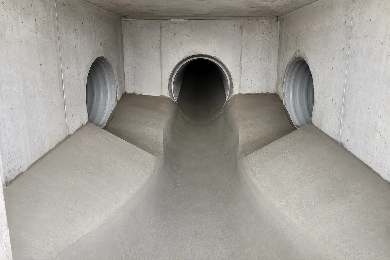Finished concrete invert channel connecting pipes inside the same stormwater structure