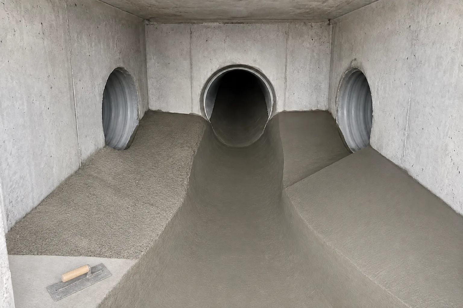 Concrete channel and benches partway through shaping inside the same stormwater structure