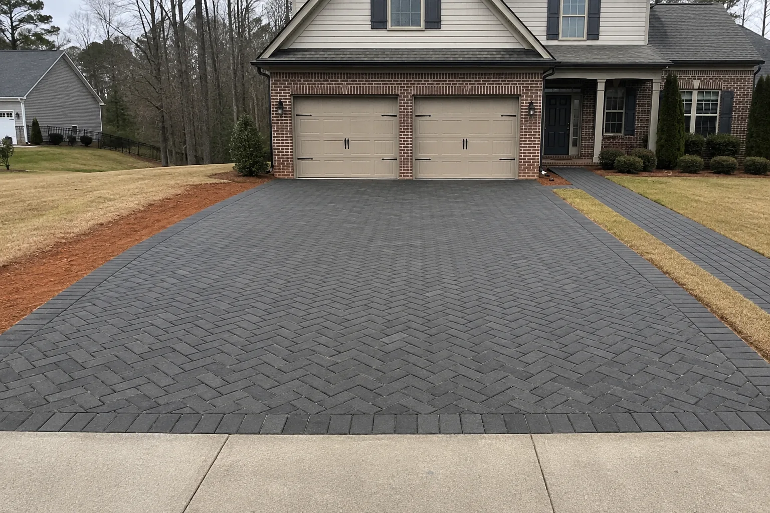 Flat vehicle-rated paver driveway and matching front walkway