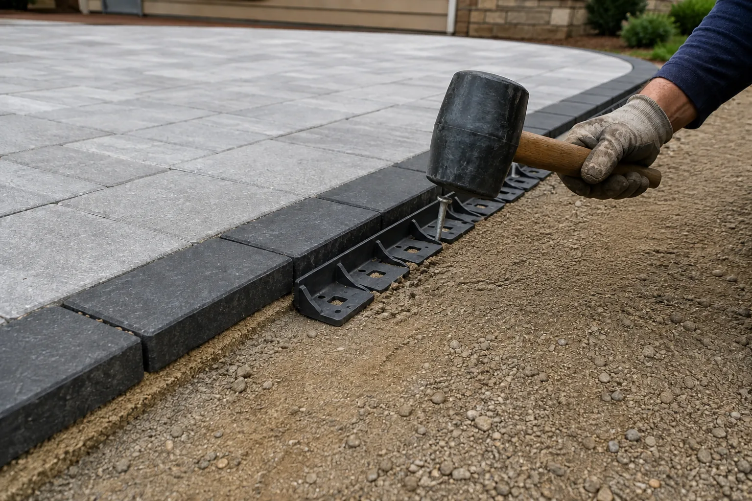 Commercial edge restraint anchored into a compacted dense-graded paver base