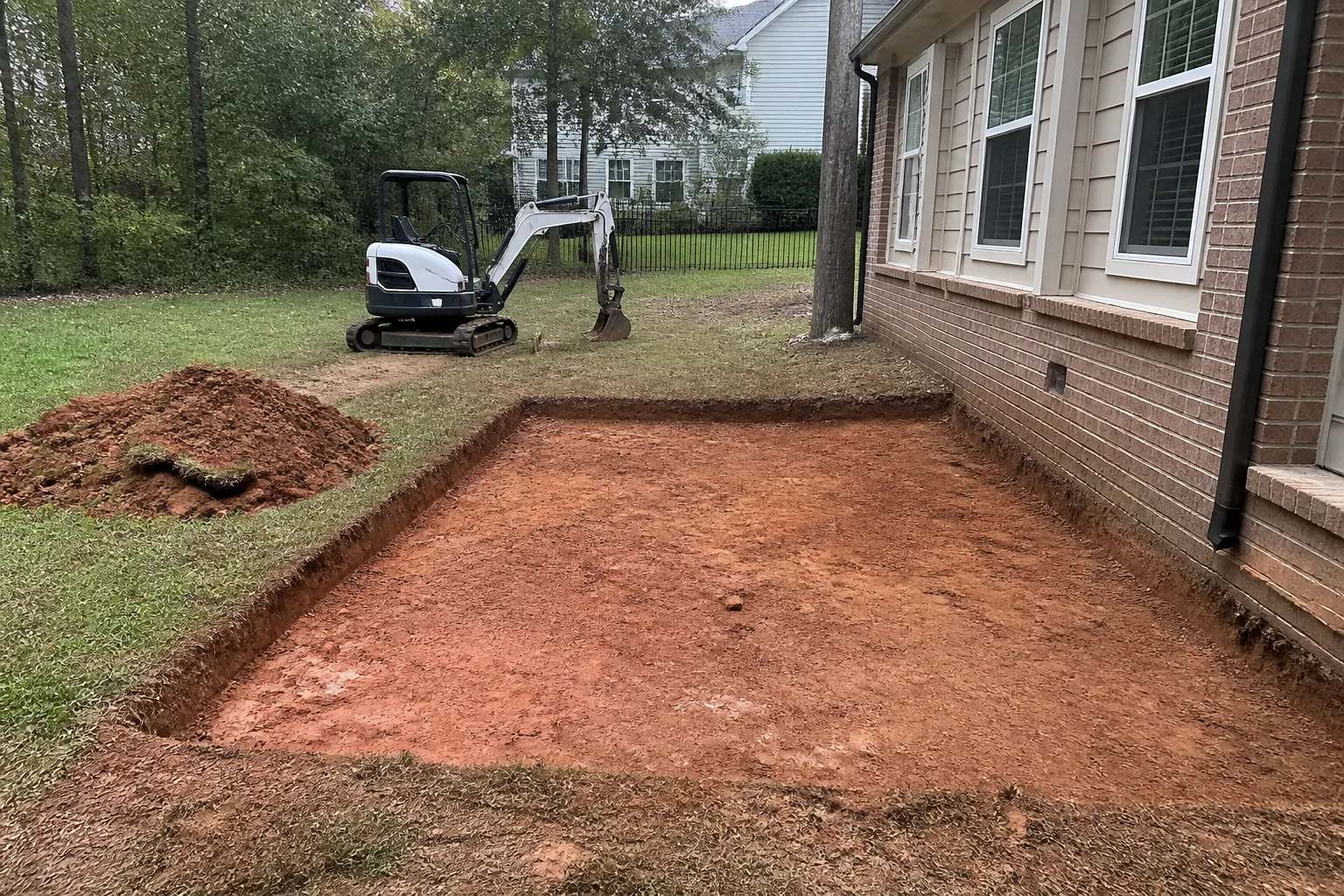 Excavated paver patio footprint in north Georgia red clay