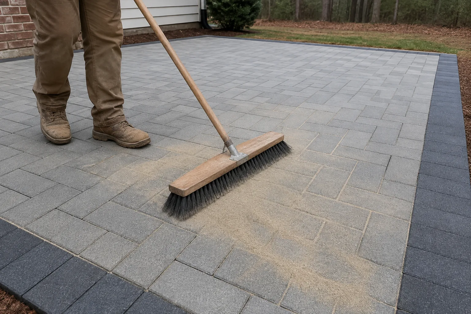 Polymeric joint sand being swept into tight paver joints