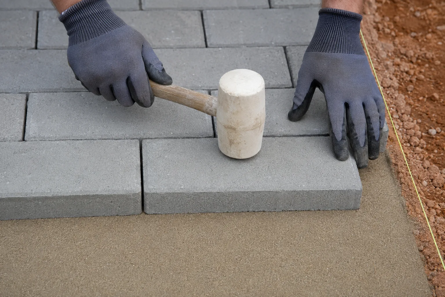 Rectangular pavers being aligned and seated in running bond