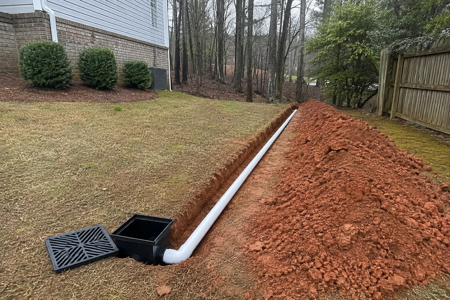 Catch basin connected to a solid drain line in a shallow yard trench