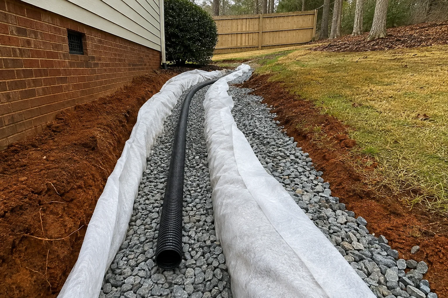 Fabric-lined French drain with perforated pipe and washed stone