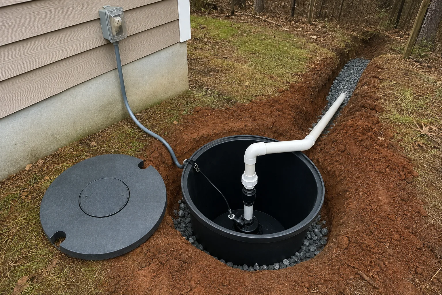 Exterior sump basin with installed pump, check valve, union and connected discharge line