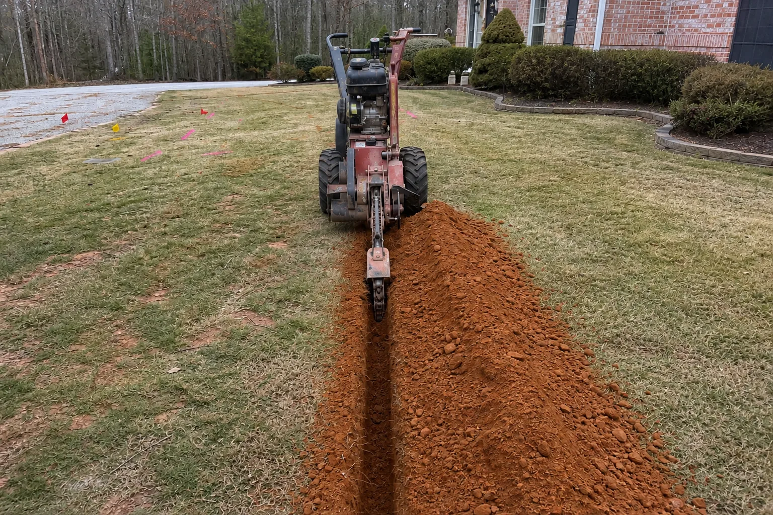 Walk-behind trencher cutting a narrow residential utility trench through red clay