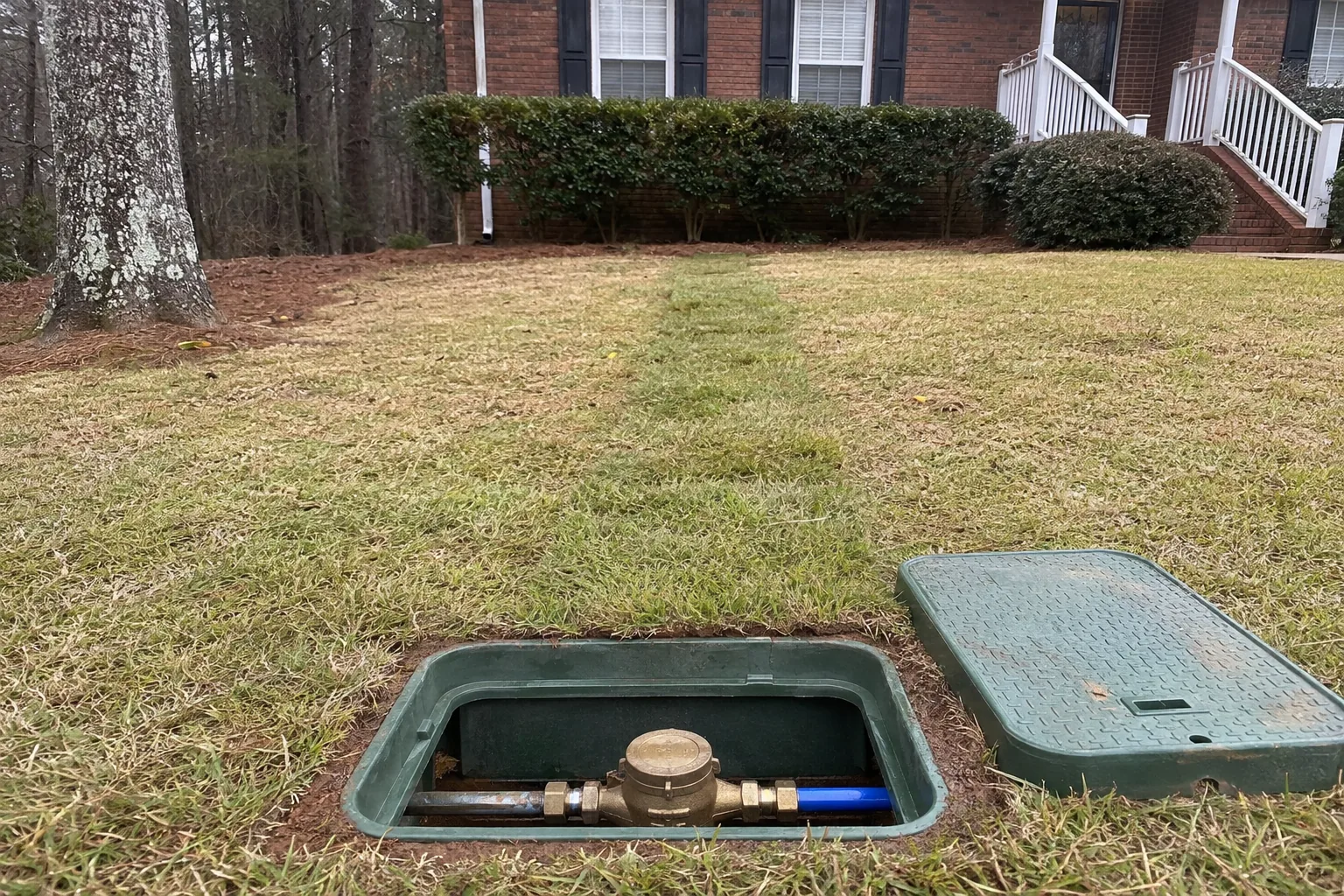 Completed blue water-service connection inside a meter box