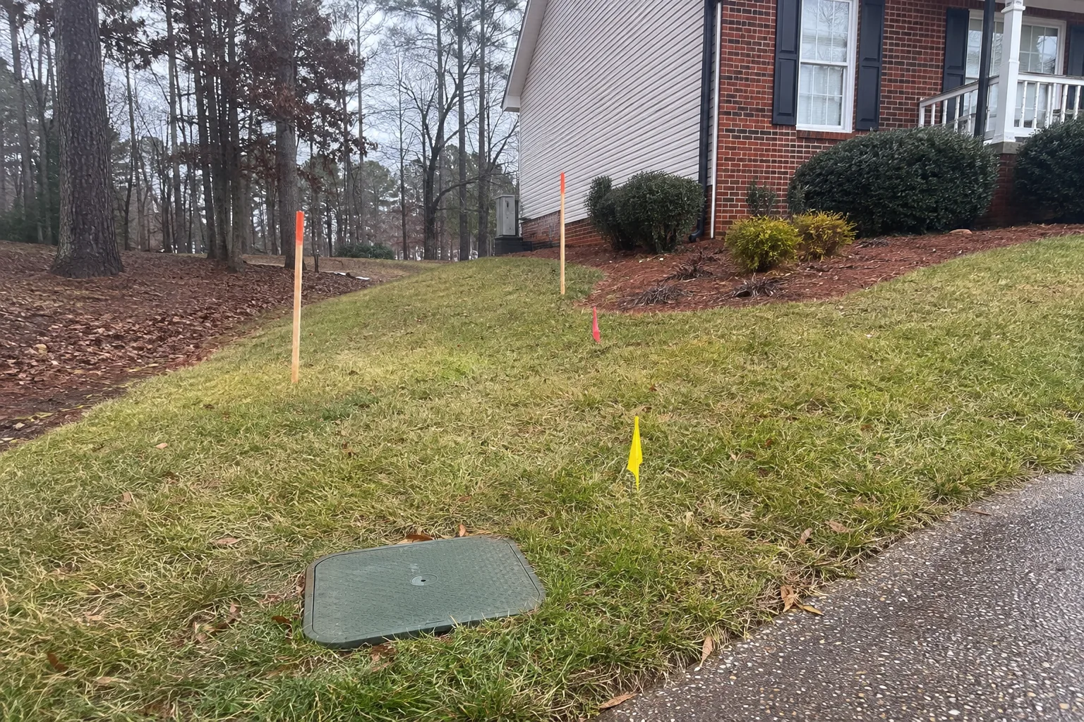 Marked route from a curbside water meter toward a house